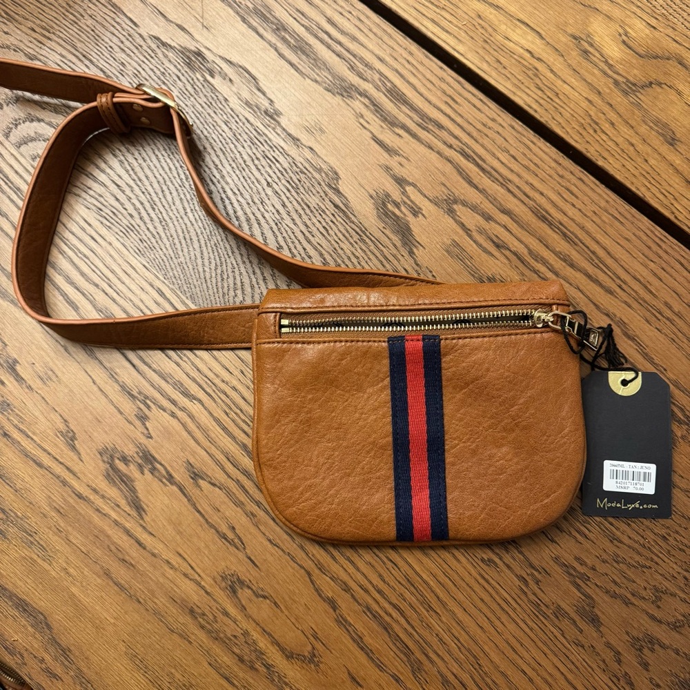 Moda Luxe Tan Belt‎ Bag with Striped Accent New